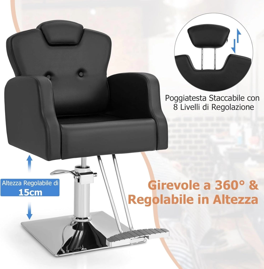 Poltrona da Barbiere con Altezza Regolabile, Sedia da Barbiere Girevole a 360°, Poggiatesta Regolabile, Portata 150 kg
