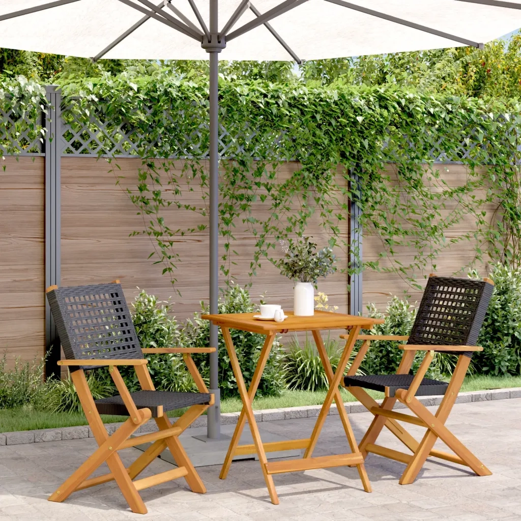 Set da Bistrot 3 pz | Set Salotto da Giardino Nero in Polyrattan e Legno Massello