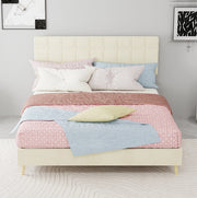 Letto 140x200 cm con testiera imbottita a quadri in velluto beige