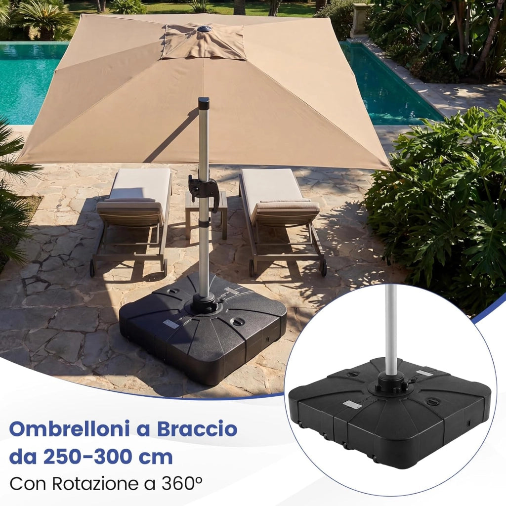 Base per Ombrellone da Esterno, con Braccio a Cantiere da 130/170 kg con Ruote, Supporto per Ombrellone Offset Pesante, Base Quadrata Riempibile con Acqua e Sabbia (130 kg)