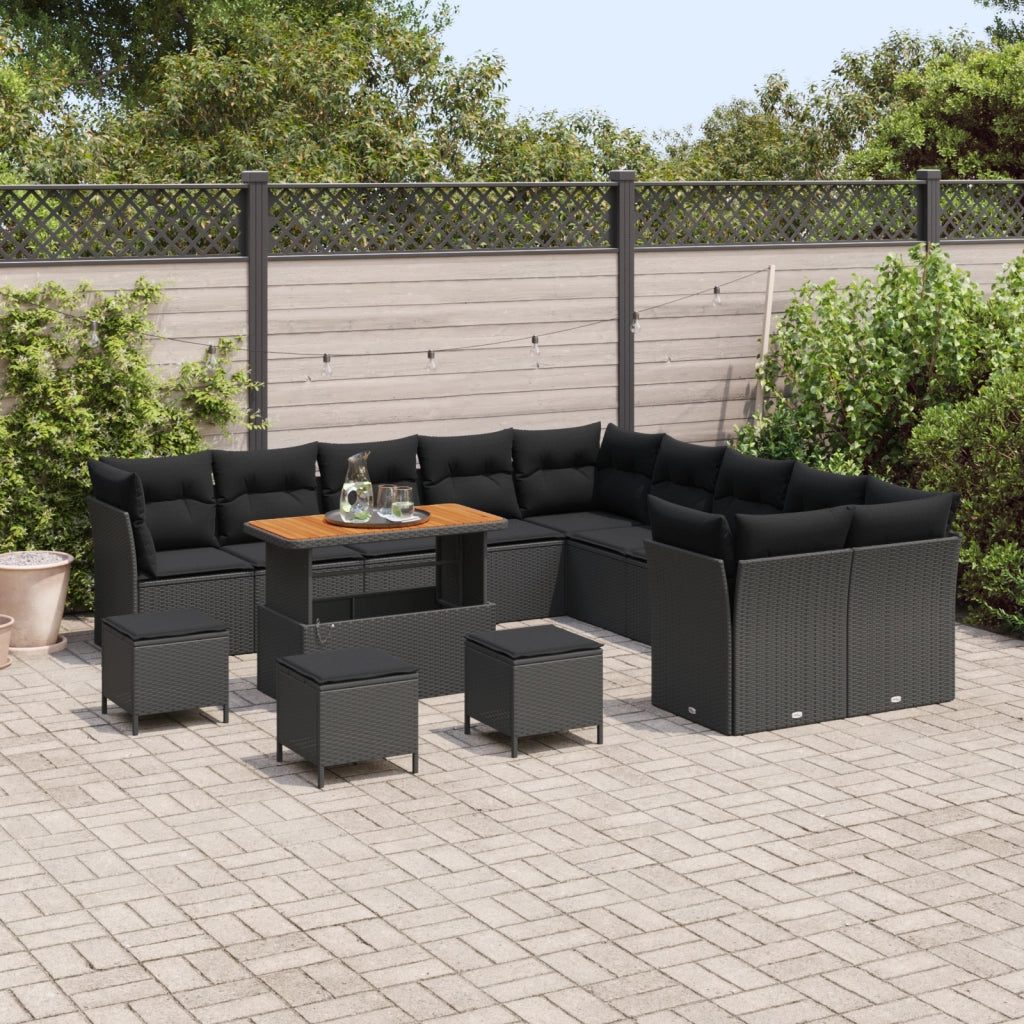 Set di Divani da Giardino  da 14 Pezzi con Cuscini Nero Polyrattan Acacia