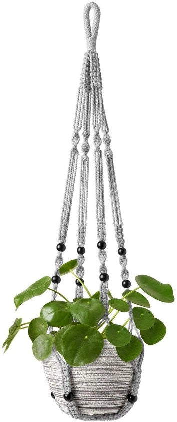 Porta piante in macramé per vasi interni ed esterni con perle di legno, senza spilli, decorazione boho per balcone 89cm, grigio