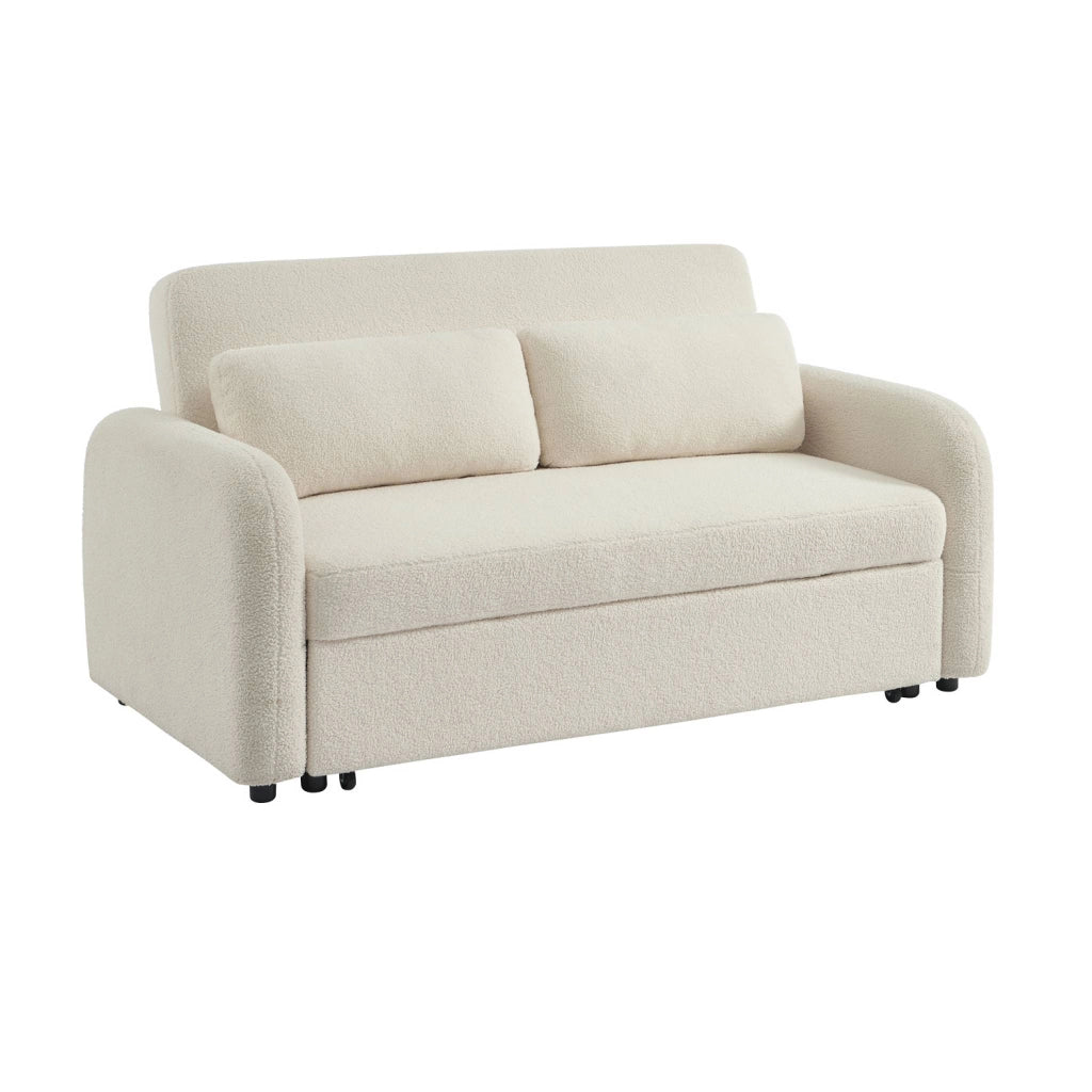 Divano letto arrotondato in tessuto bouclé, 2 posti, crema