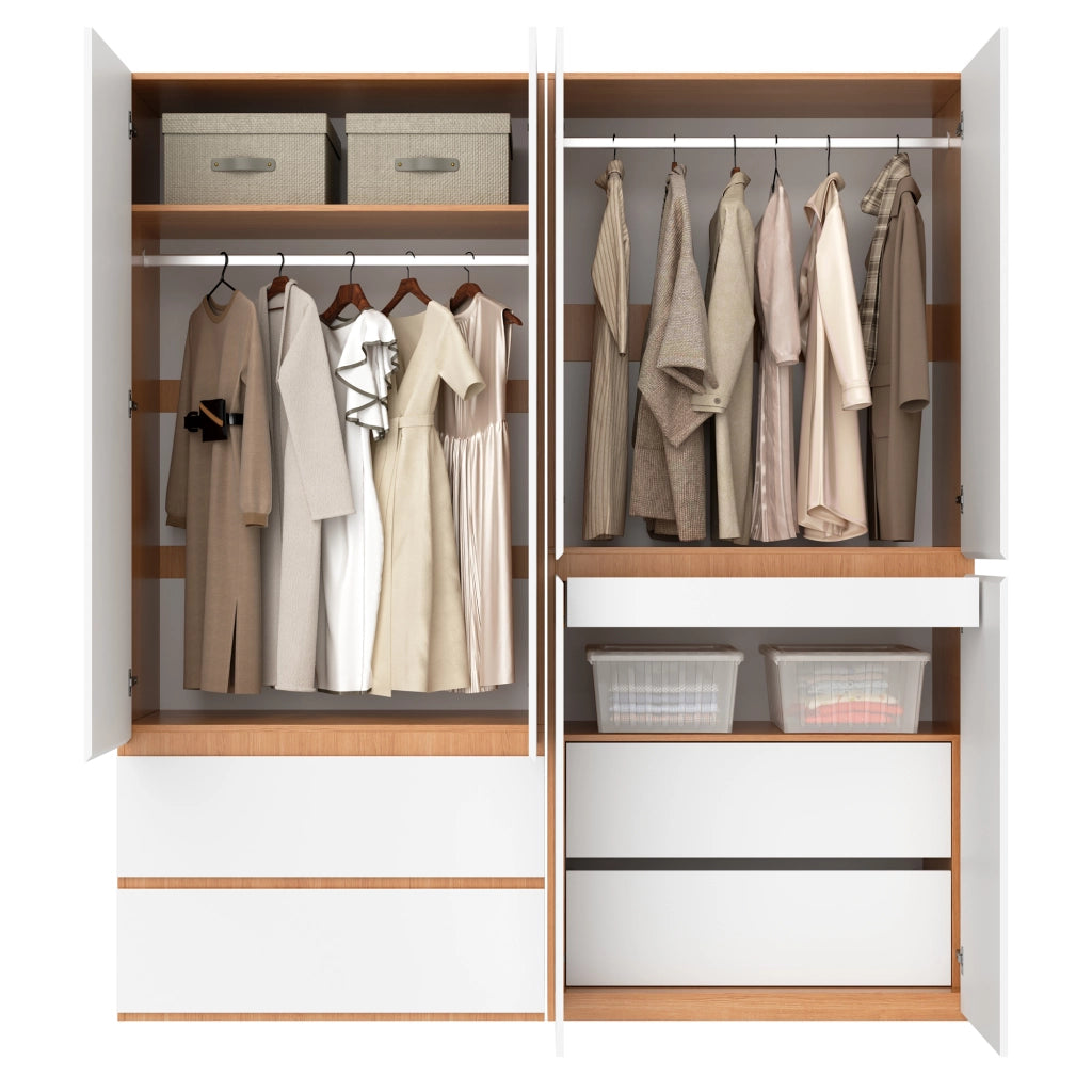 Armadio 6 ante con 2 appendiabiti e 5 cassetti in MDF e pannello truciolare bianco