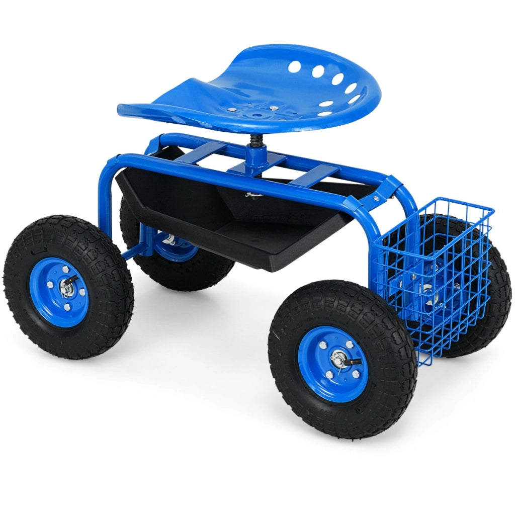 Sgabello da giardino con ruote seduta regolabile in altezza e girevole a 360¡ã cestello, Sedile per giardinaggio Blu
