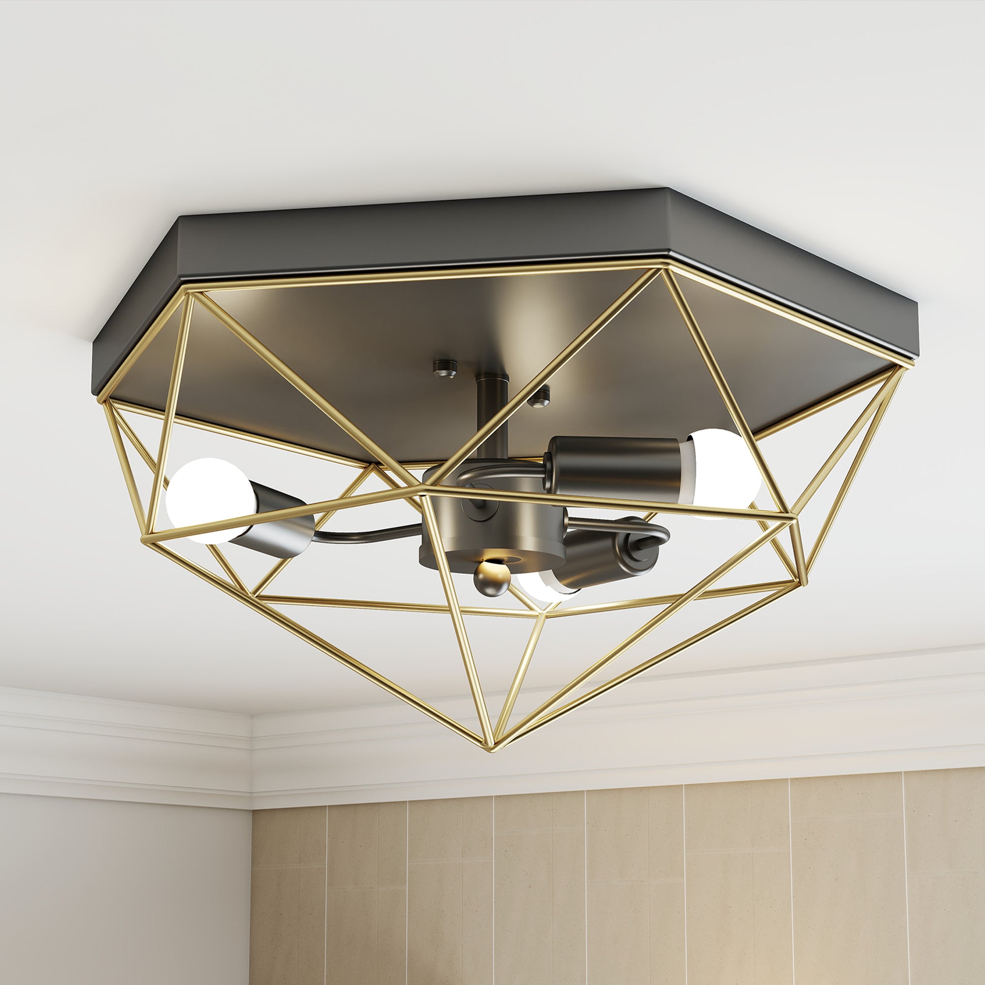 Lampadario Stile Industriale Geometrica con 3 Attacchi E27 per Lampadine LED in Metallo Nero e Oro