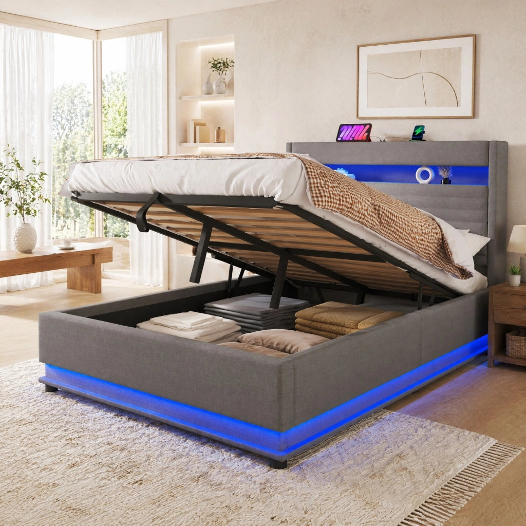 Letto matrimoniale contenitore 140x200 cm in lino grigio con LED; USB e USB-C