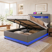 Letto matrimoniale contenitore 140x200 cm in lino grigio con LED; USB e USB-C