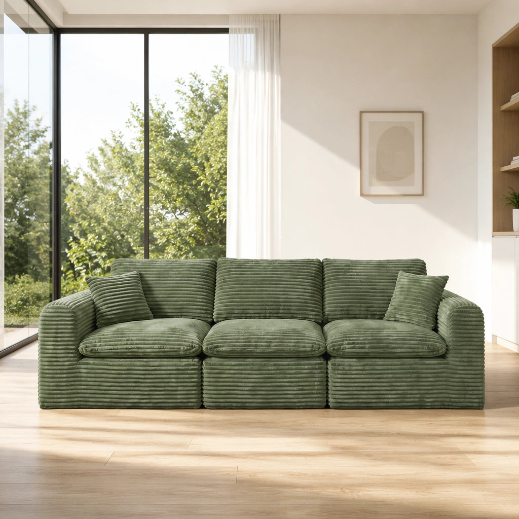 Divano modulare 3 moduli con funzione letto e seduta confortevole in tessuto a coste verde