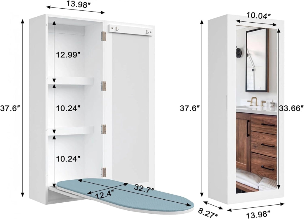 Armadio da stiro da parete con specchio e vani portaoggetti, MDF bianco, 103x43,5x27 cm