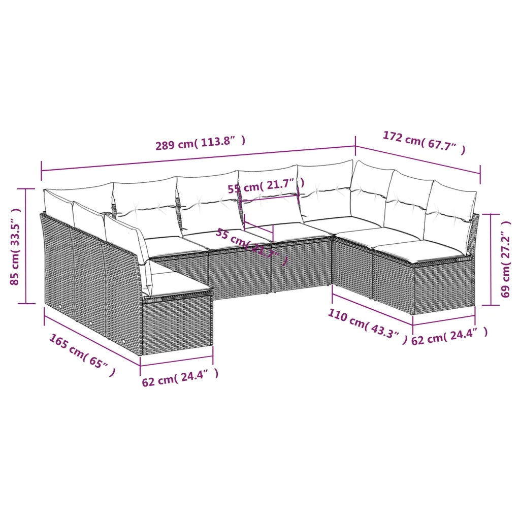 Set Divano da Giardino 9 pz con Cuscini Grigio in Polyrattan 3218070