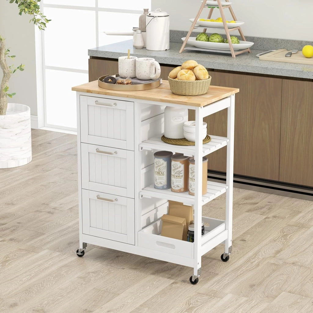 Carrello di Servizio con 4 Ripiani, Scaffale da Cucina con Rotelle, Mobiletto Cucina Salvaspazio con 3 Grandi Cassetti, 67x37x83,5 cm, 2 Colori (bianco)
