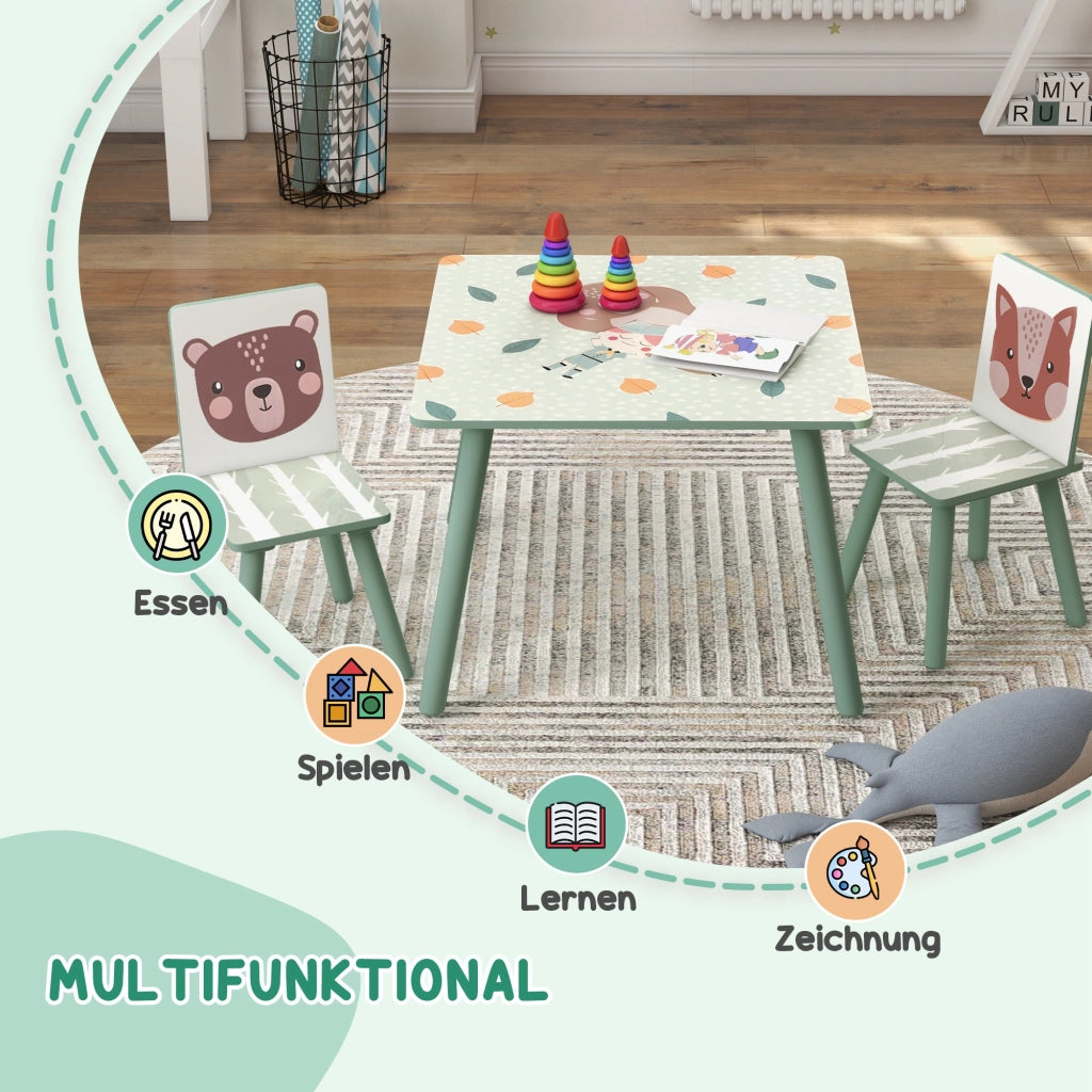 Tavolo e sedie per bambini ¨C zephmum ¨C verde con motivo animali, 3-8 anni