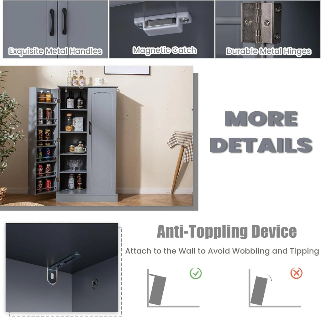Mobiletto Multiuso con Ripiani Regolabile, Credenza Cucina Salvaspazio, Armadio a Buffet con Dispositivo Antiribaltamento, Madia Soggiorno Moderna per Sala da Pranzo, 60x40x120cm (Grigio)
