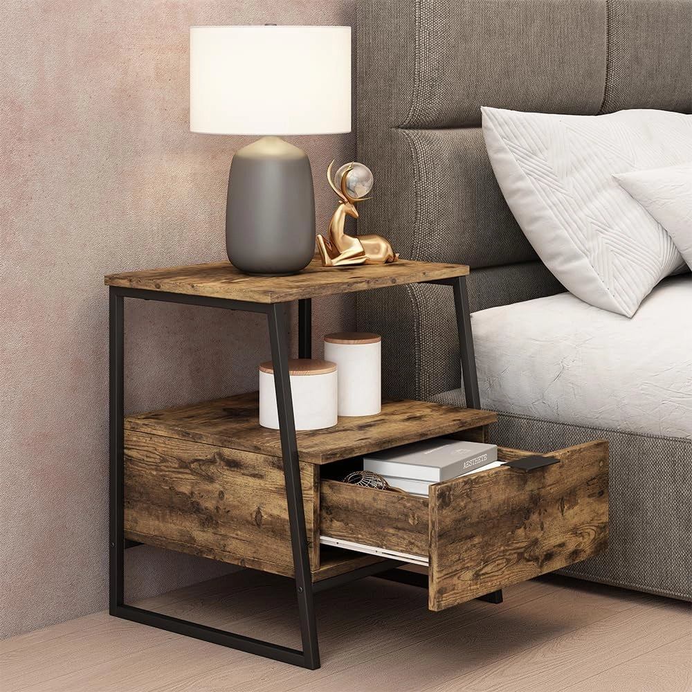 Comodino Lunor, Rovere rustico/nero, Set di 2