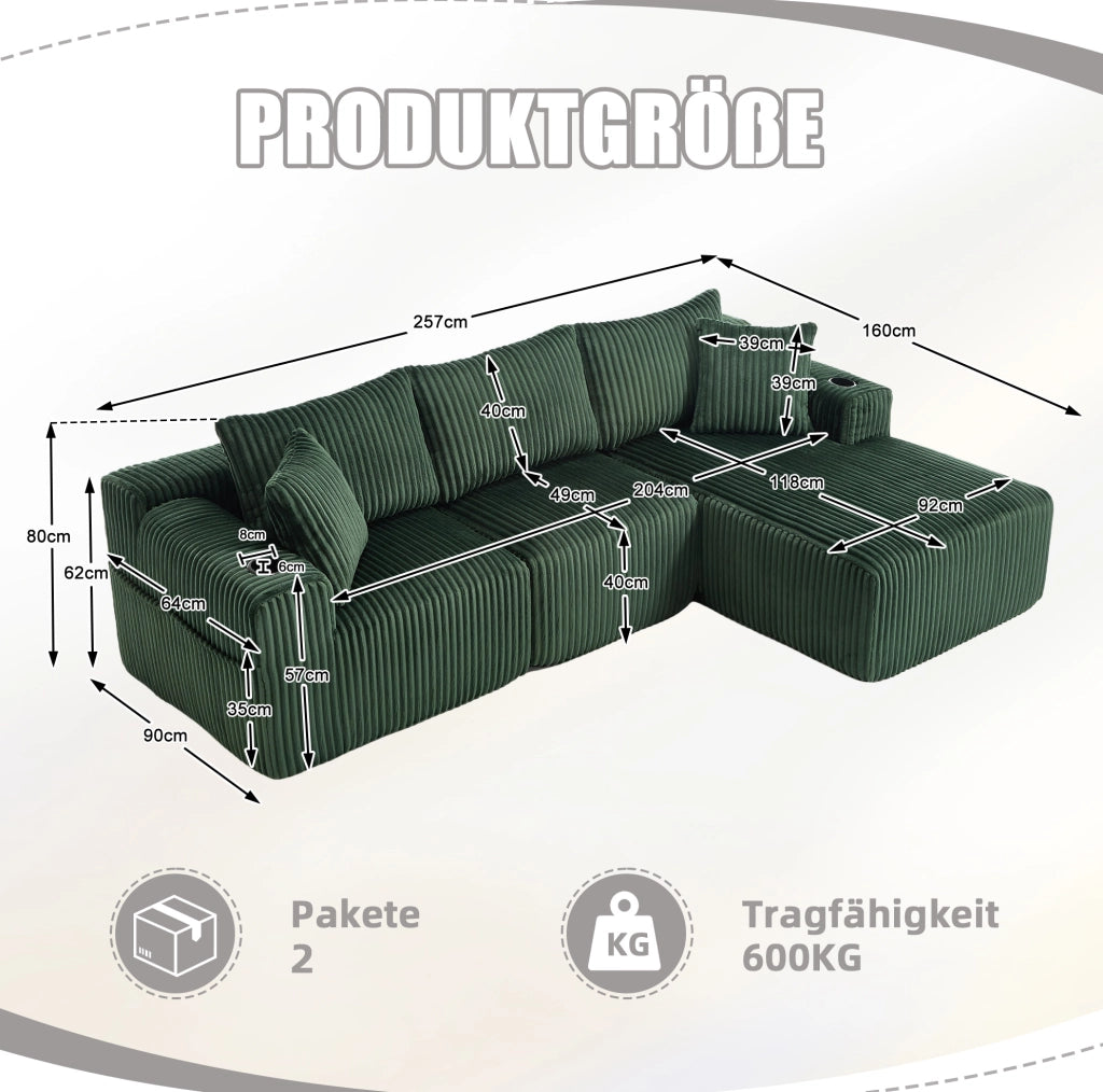 Divano modulare ULEVR con chaise longue e 2 posti, 5 cuscini, portabevande e tasche laterali, velluto a coste verde smeraldo