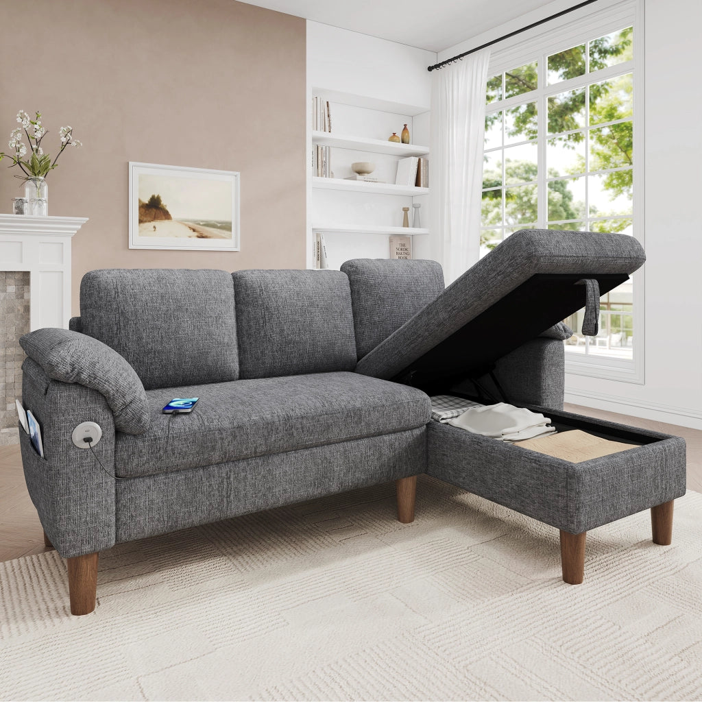 Divano angolare 3 posti con chaise longue contenitore; USB e tasche in chenille grigio chiaro