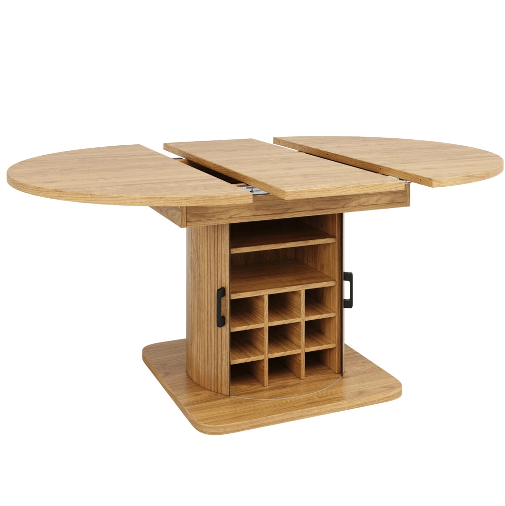 Tavolo allungabile 118x118x76 cm con contenitore; ripiani estraibili e portabicchieri; MDF e metallo; naturale