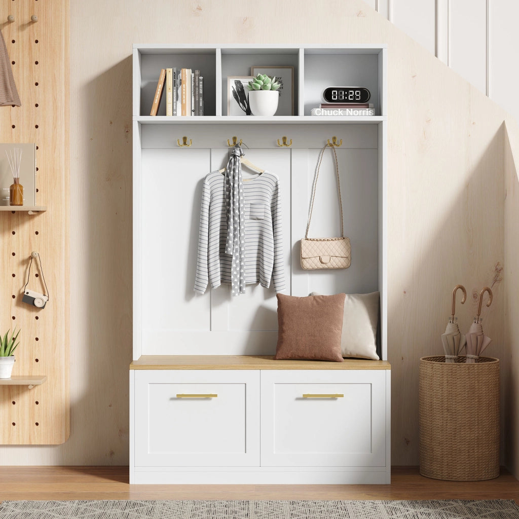 Guardaroba con Panca, Vano Aperto e 2 Ante ¨C MINIMAL ¨C Bianco/Naturale, 4 Ganci, 105x40x180 cm