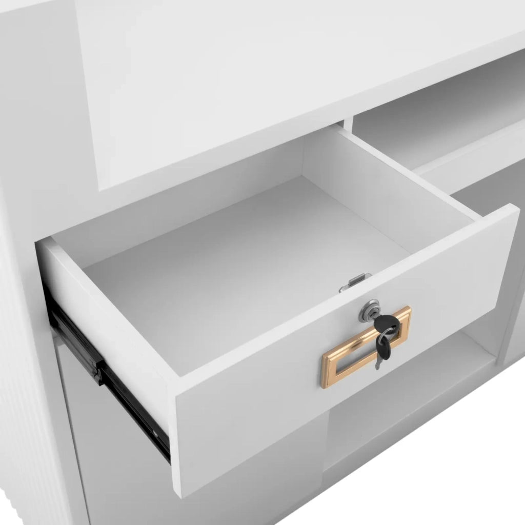 Banco reception con illuminazione indiretta bloccabile ripiano scorrevole per tastiera acciaio inox MDF bianco 14_0008399