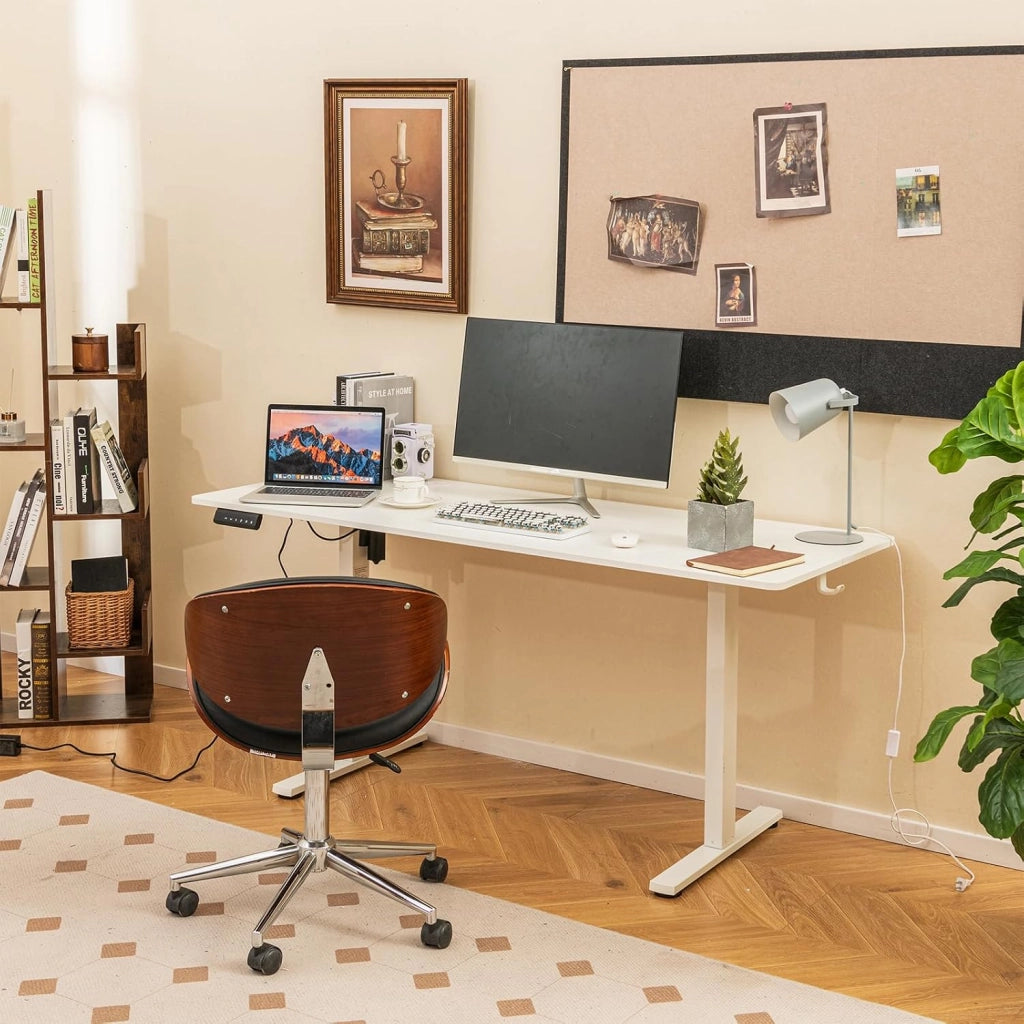 Scrivania Regolabile in Altezza 160 x 60 cm, Scrivania Elettrica con Pannello Smart Anticollisione, Scrivania per Computer con 2 Fori per Cavi e 2 Ganci, per Ufficio e Studio, Bianco