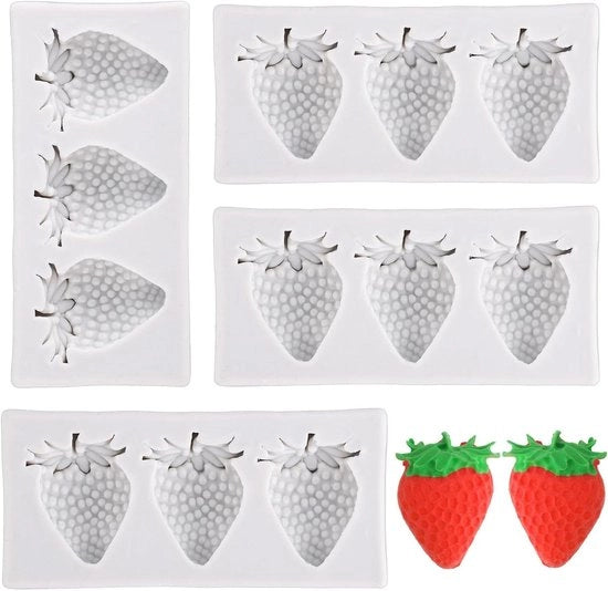 Set di 4 Malli in Silicone per Decorazioni di Torta e Cupcake Toppers con Disegno di Fragola