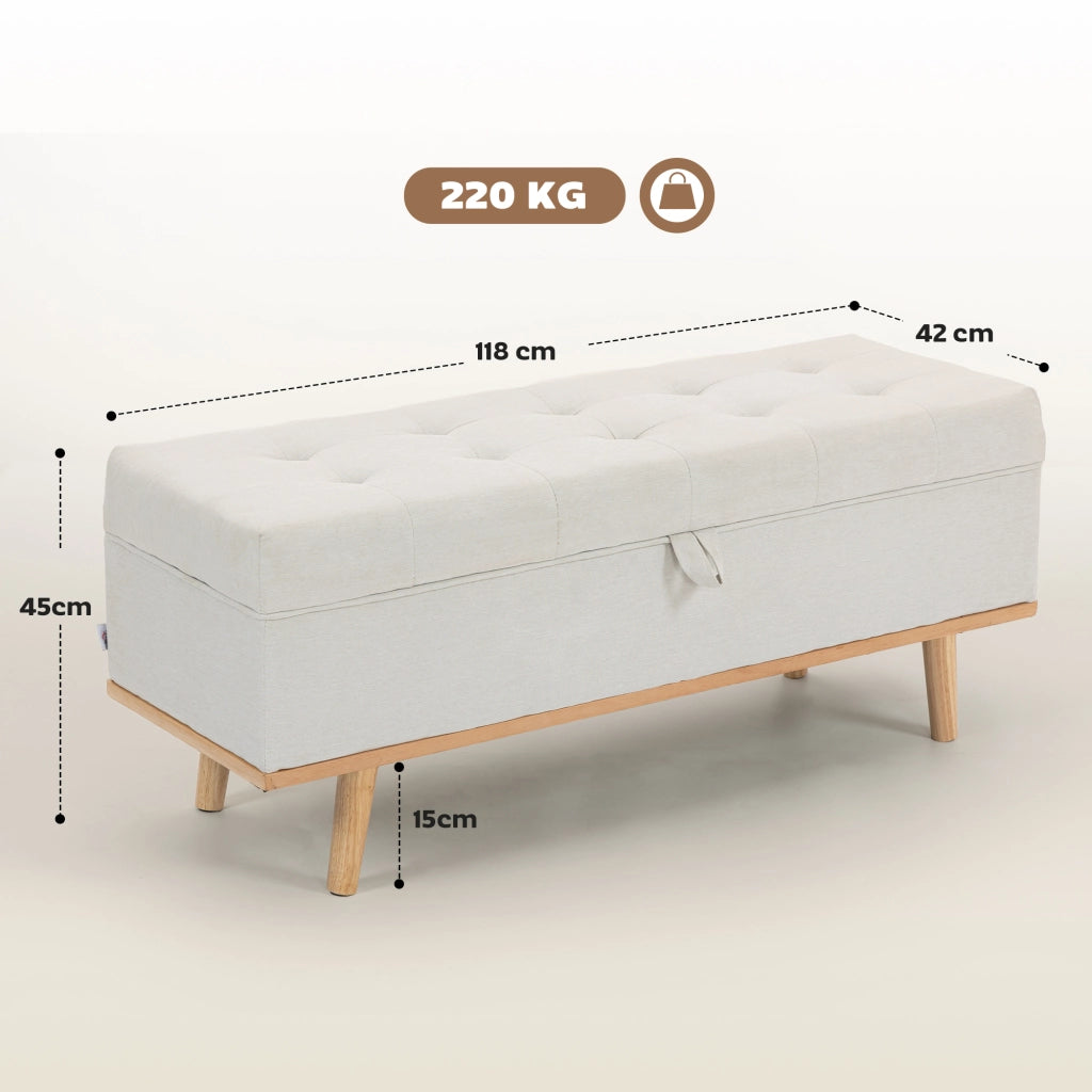 Panca Contenitore Imbottita ¨C Xylo ¨C Tessuto Crema Legno 118x42x45cm