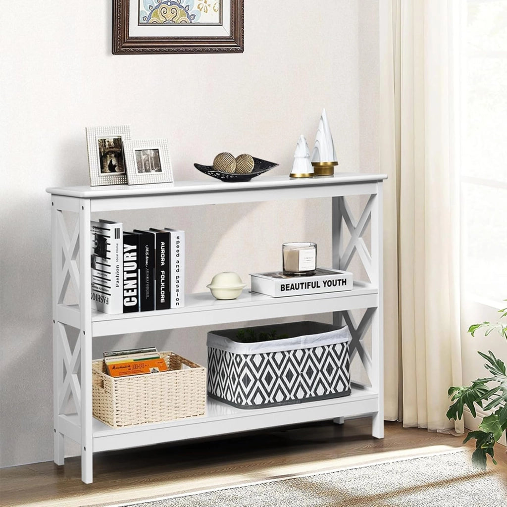 Tavolo Consolle a 2/3 Ripiani, Tavolo d’Ingresso in Legno, Mobile Multifunzionale per Soggiorno e Corridoio, 100 x 30 x 80cm, Portata Massima 30 kg (3 Ripiani, Bianco)
