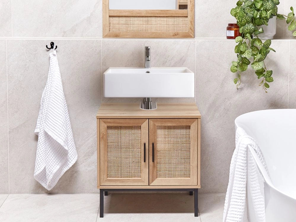 Mobiletto da bagno in particelle di legno chiaro Rattan intrecciato 60 x 60 cm Boho Design