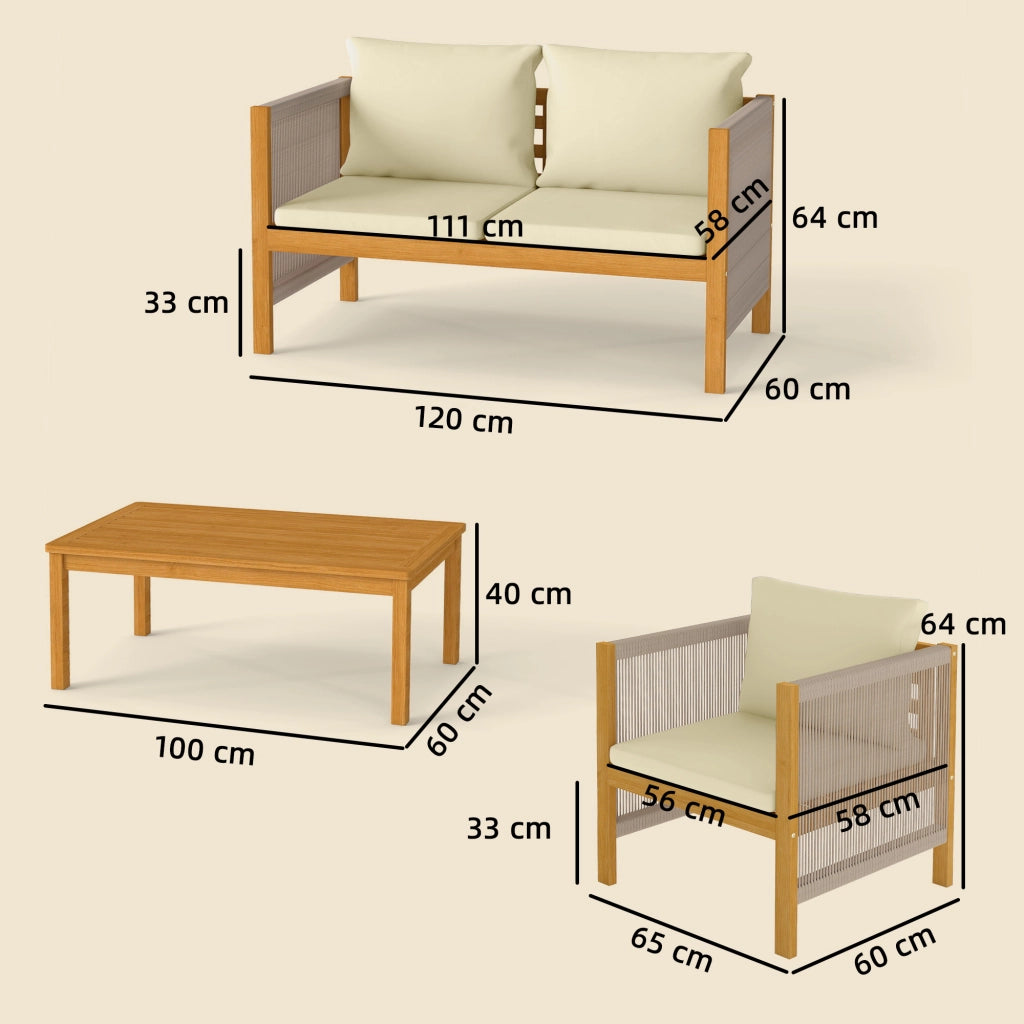 Set da Giardino 4 Pezzi. Legno di Acacia. Patio Conversazione con Cuscini Beige