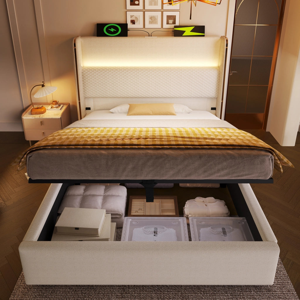 LETTO Contenitore idraulico 90x200 cm con materasso incluso, testiera alta Beige