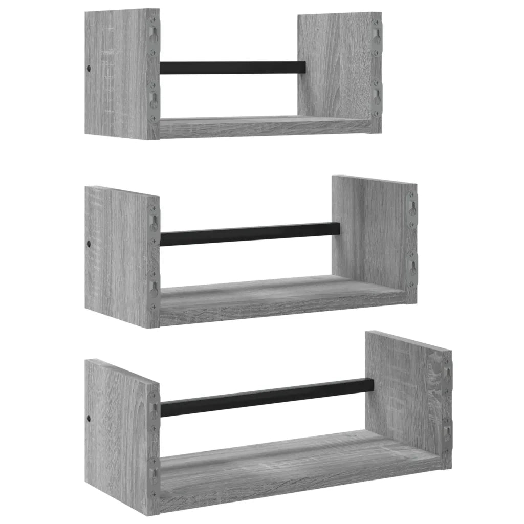 3 pz Set Mensole Parete | Mensola sospesa con Aste Grigio Sonoma Legno Multistrato