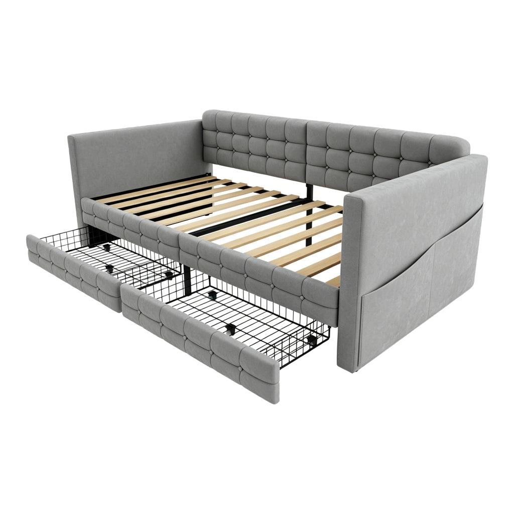 Letto con cassetti 90 × 190 cm imbottito con tasche laterali e rete a doghe in velluto grigio chiaro