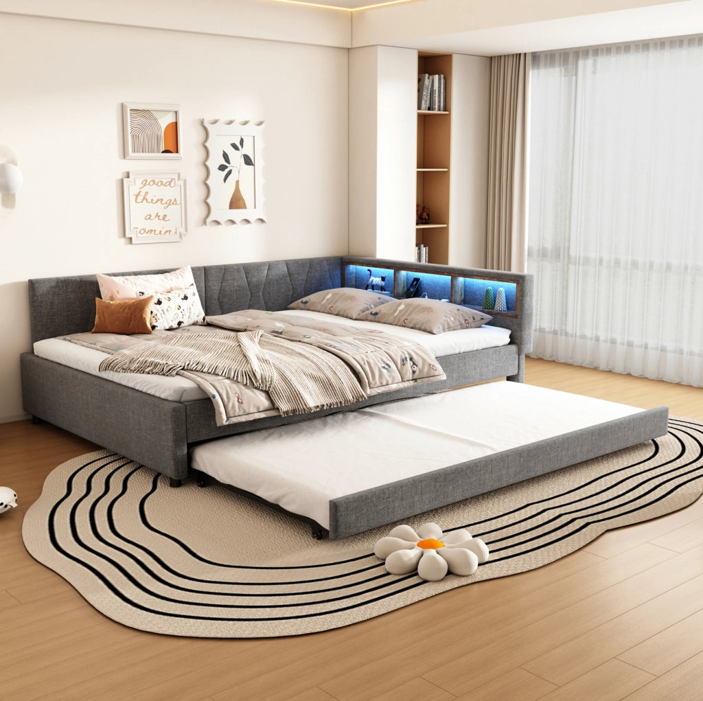 Letto 140x200 cm estraibile con LED; vano portaoggetti e USB in lino grigio