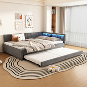 Letto 140x200 cm estraibile con LED; vano portaoggetti e USB in lino grigio