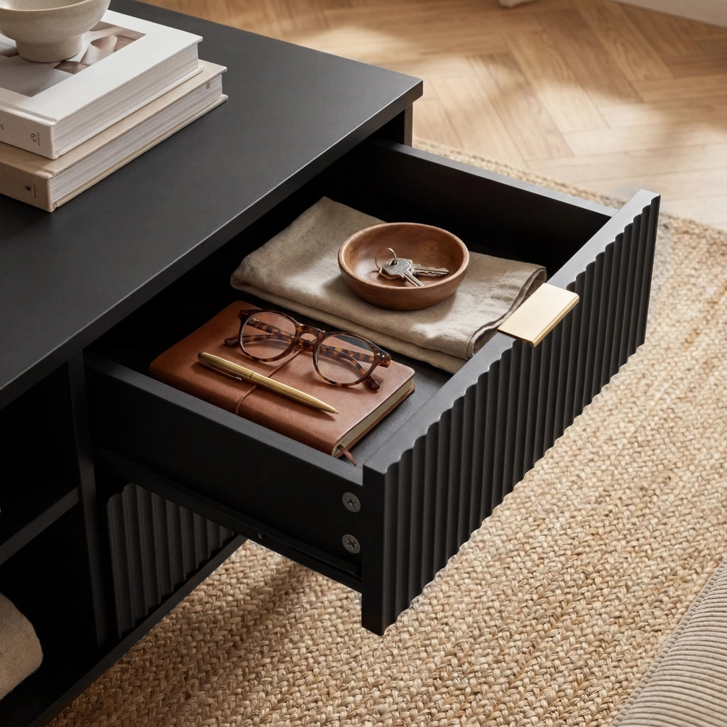 Tavolino da Salotto Nand con 2 Cassetti e 3 Scomparti Aperti 100 x 50 x 45 cm - Nero [en.casa]