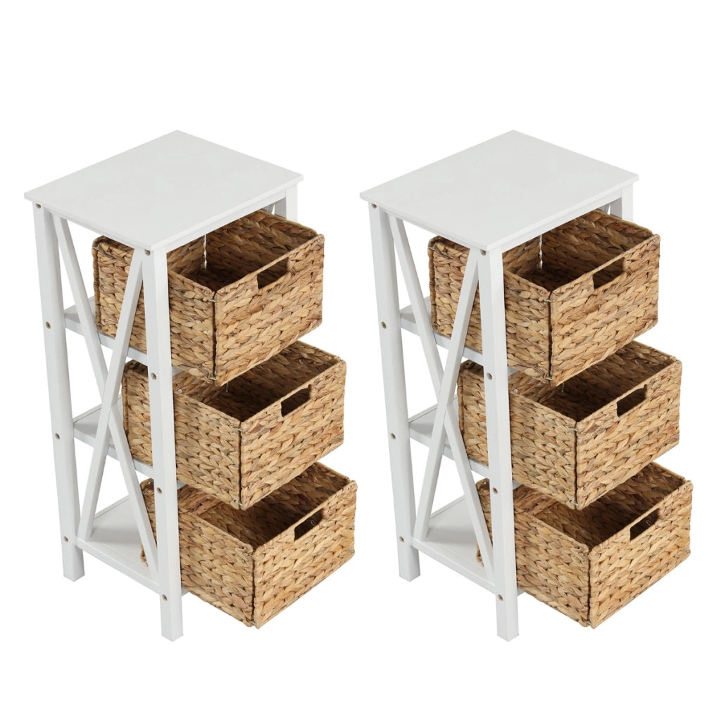 Set di 2 comodini a 4 piani, Tavolini laterali stretti con 3 cesti di giunc gambe in legno di acacia Bianco-Comodini