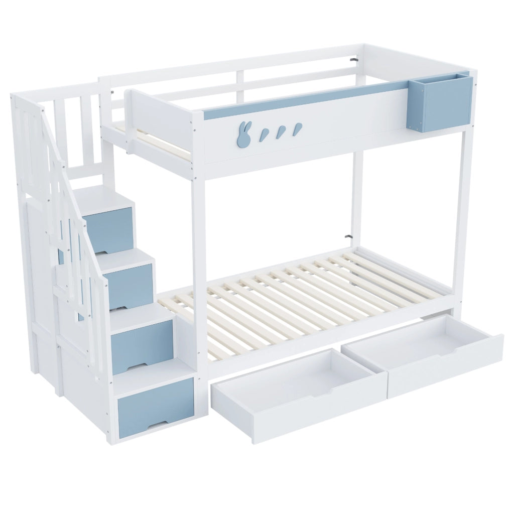 Lettino a castello 90x200 cm in legno; bianco e blu; con cassetti e scaletta contenitore