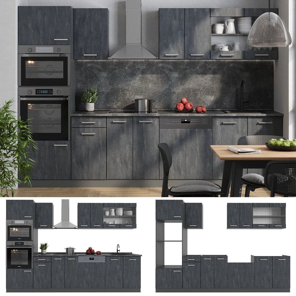 Cucina componibile R-Line Calce nera/Antracite 300 cm senza piano di lavoro Vicco