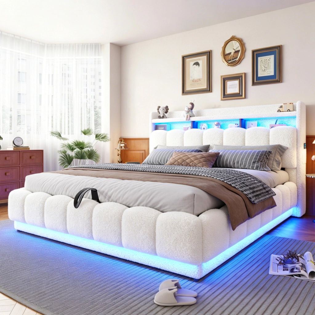 LETTO Contenitore 180x200 cm Bianco in tessuto boucl¨¦ con LED e USB