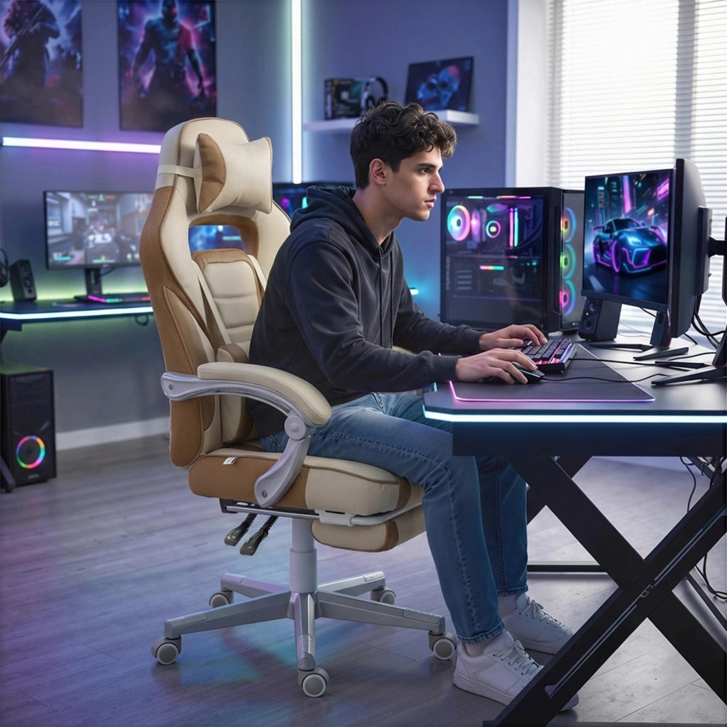 Poltrona Gamer Reclinabile con Poggiapiedi e Schienale Regolabile ¨C Zephmum ¨C Crema