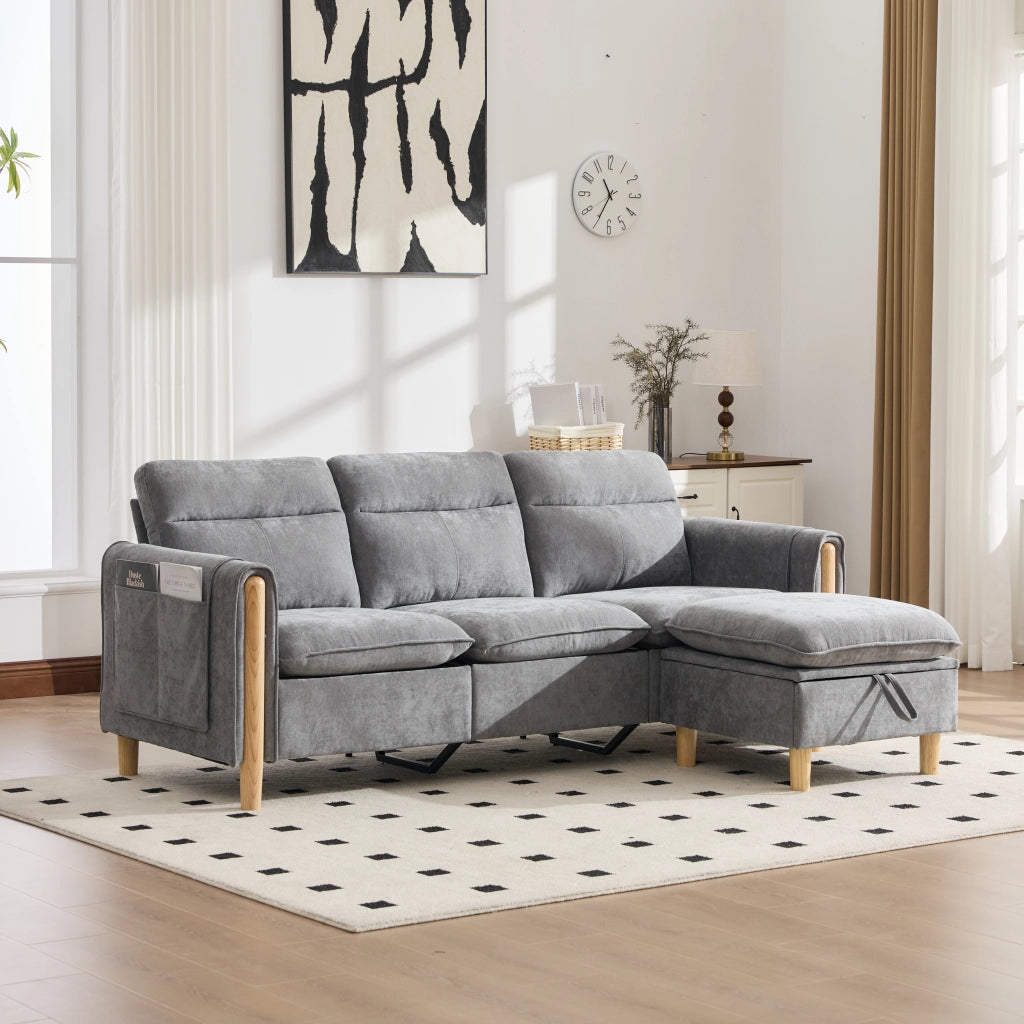 Divano ad angolo modulare con vano contenitore e tasche laterali in chenille grigio chiaro compatto 201 × 77 × 86 cm