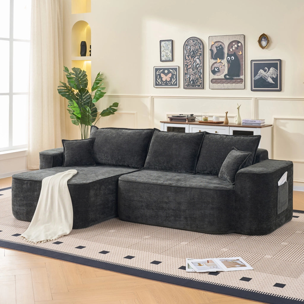 Divano Ad Angolo Modulare 3 Posti con Chaise Longue; Seduta Profonda; Senza Montaggio; Design Minimal in Ciniglia Nero