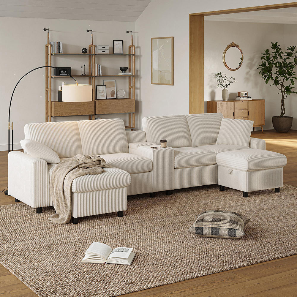 Divano a U in velluto - Xylo - Con 2 poggiapiedi, USB, Type-C, beige (315cm)