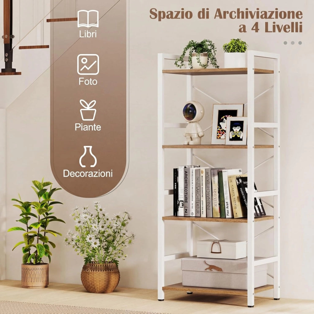 Libreria a 4 Ripiani, Scaffale Portaoggetti con Struttura in Metallo, con Ripiani Aperti e Design Anti-caduta, per Soggiorno Ufficio Casa, 41,5x27,5x100 cm (Naturale)