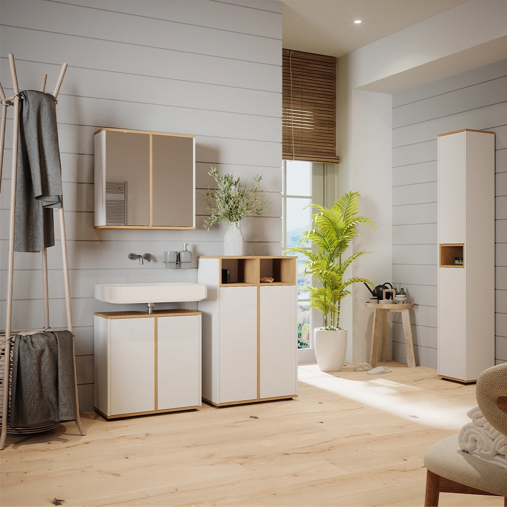 Vicco Set mobili bagno Bianco/Artisan 4 pezzi, con colonna e mobile midi con ante