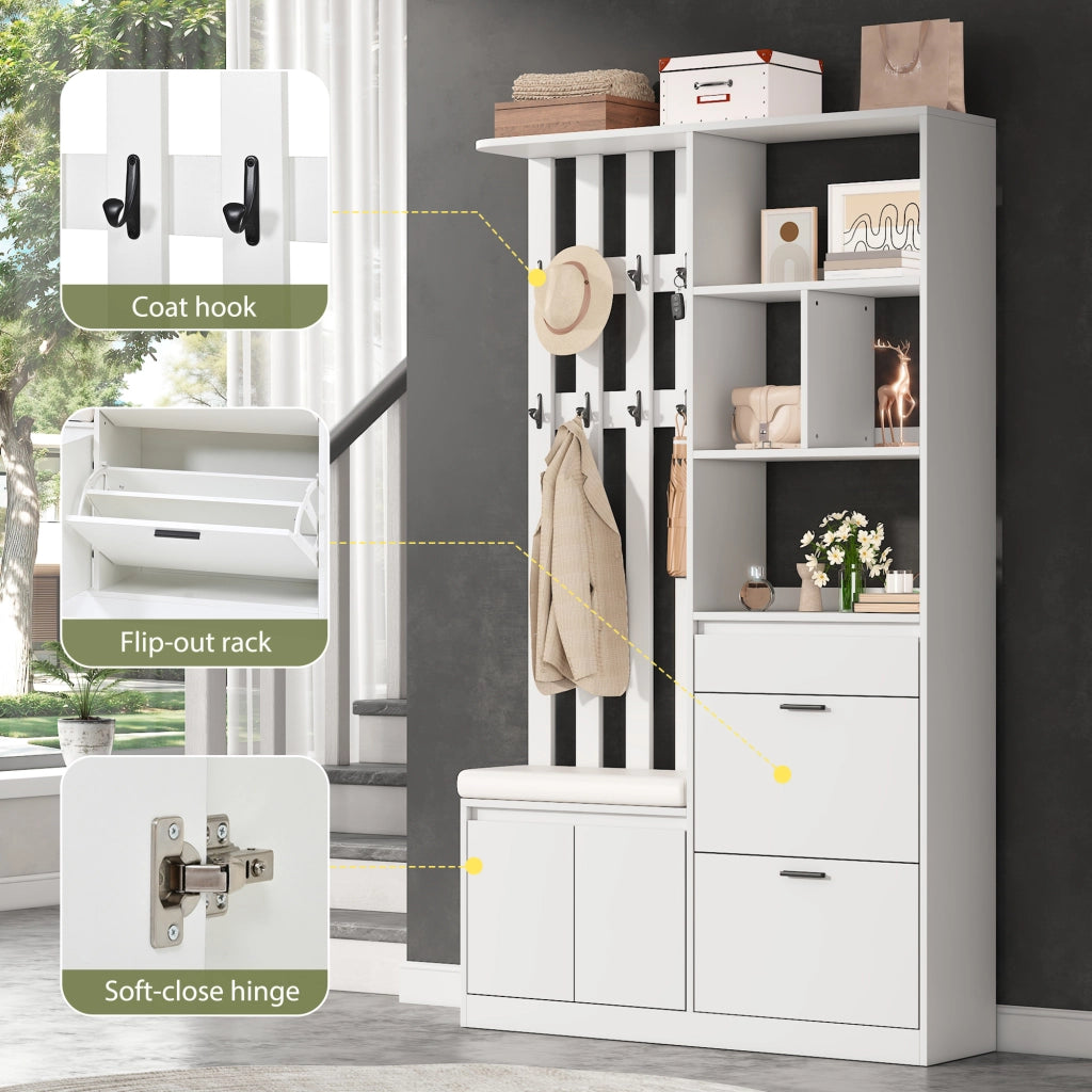 Mobile da ingresso con 2 scarpiere a ribalta, 1 cassetto, 2 ante, 10 ganci e panca imbottita, bianco, 120 × 30 × 200 cm