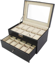 Cassettiere orologio, contenitore per orologi e cinturini - Materiale cassa: MDF - Materiale cuscino: velluto - 20 orologi con cassetta e display, nero/beige