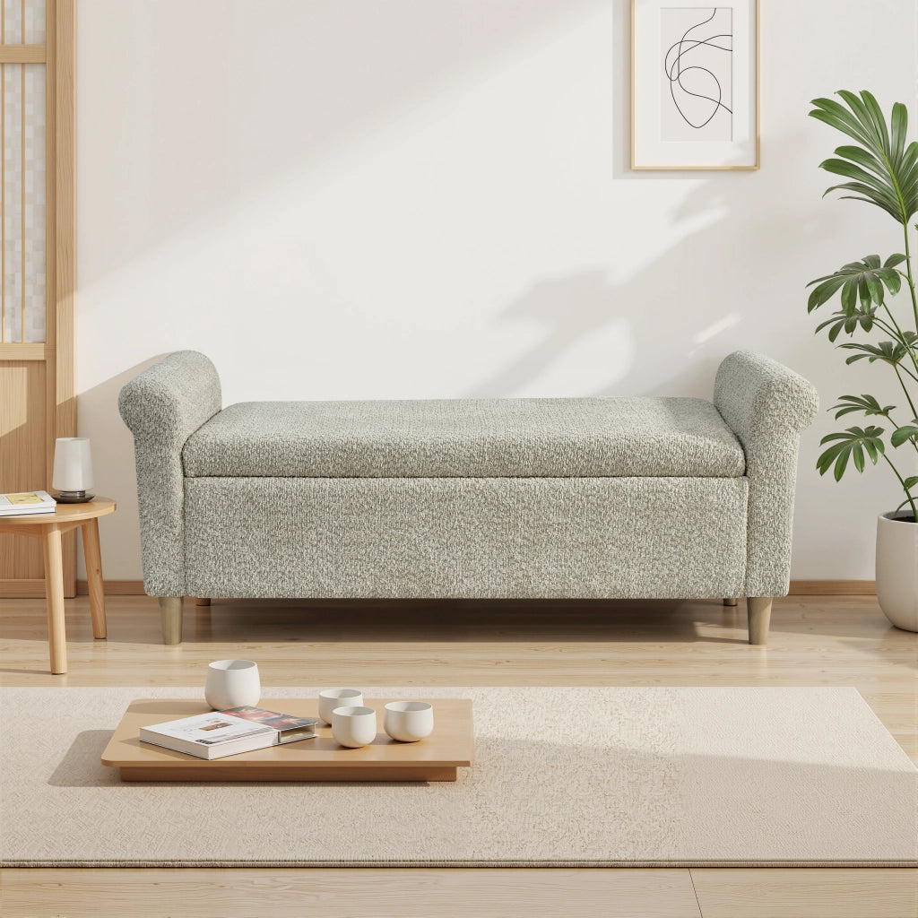 Pouf contenitore con coperchio sollevabile e struttura in legno stile scandinavo per salotto e camera da letto cammello