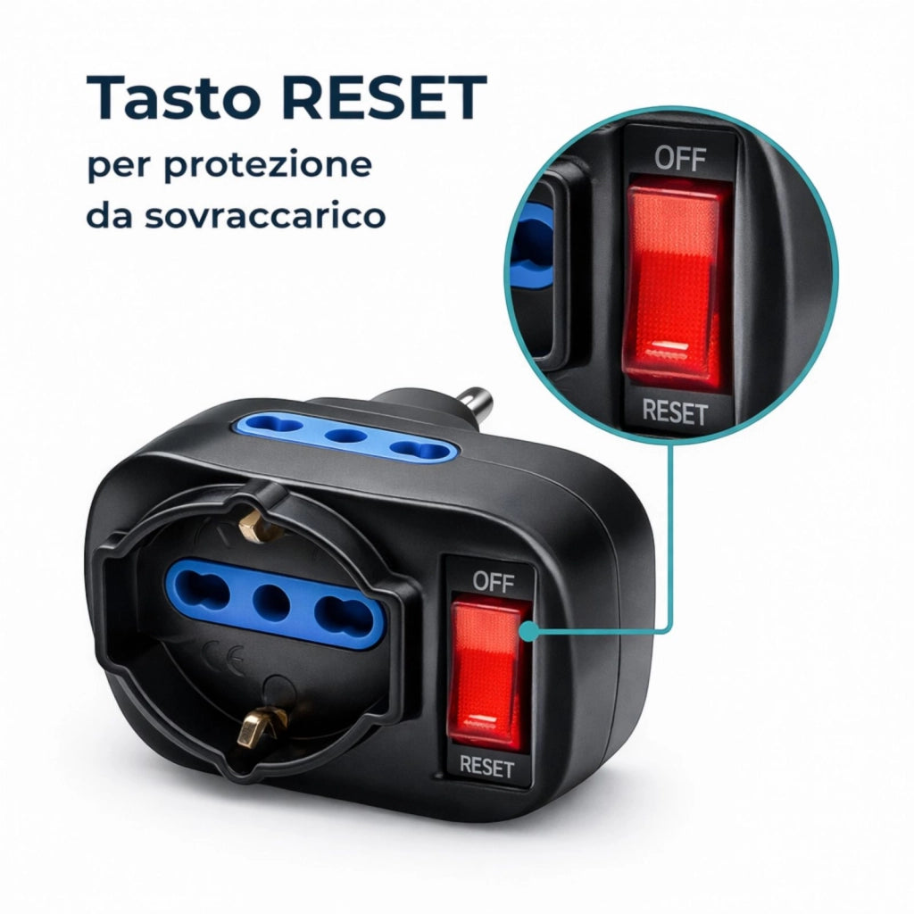 Adattatore Rotante Spina 10A con 2 Prese 2P+T e Presa Bipasso Schuko Protezione Sovraccarico 1500W | 1080N